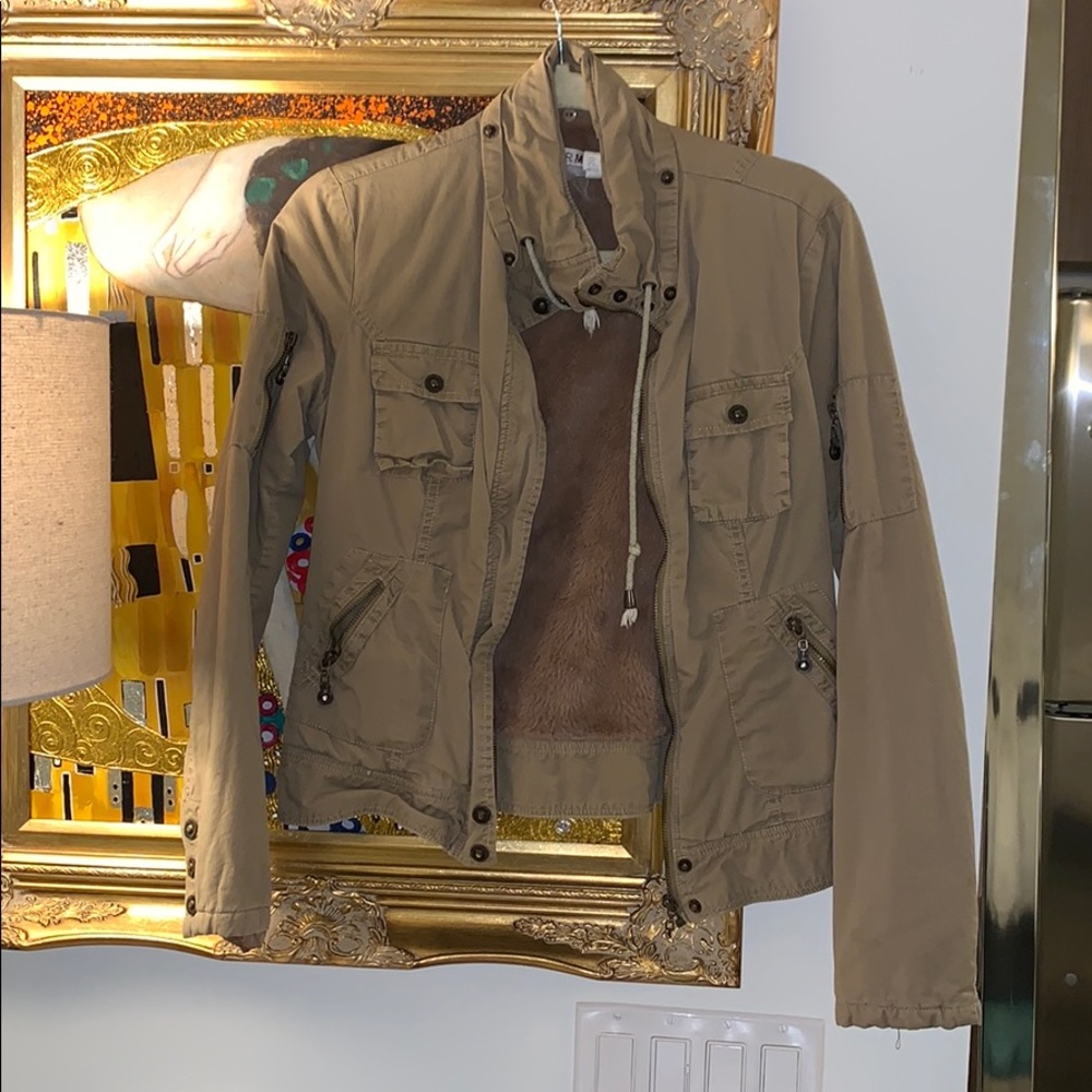 Boutique tan cargo jacket with faux fur lining